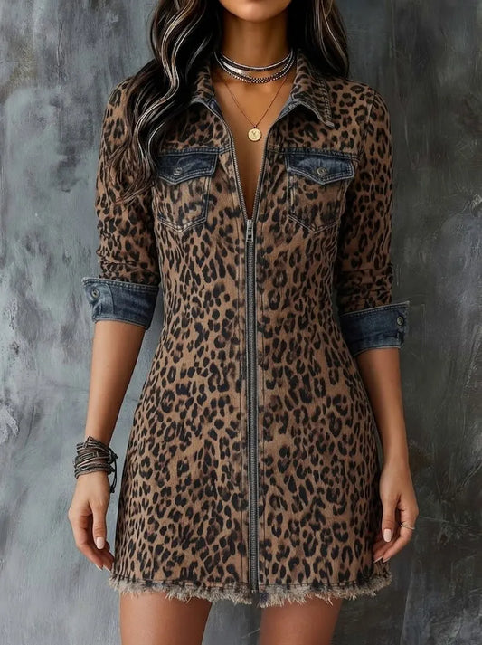 Casual Leopard Print Patchwork Zip-front Denim Mini Dress
