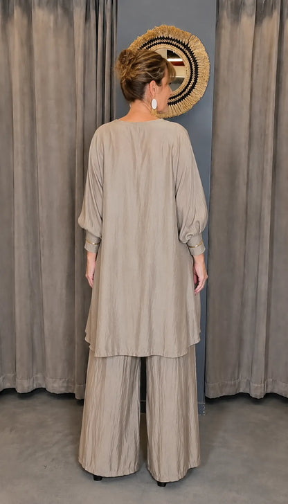 Satin V Neck Tunic Top & Wide Leg Pants Co-ord Set