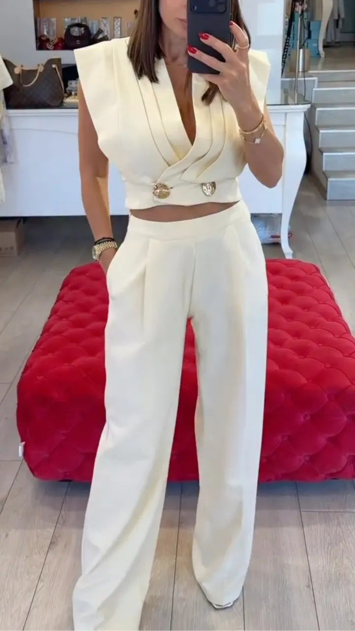 Women's V-Neck Crop Top Fashion Casual Suit
