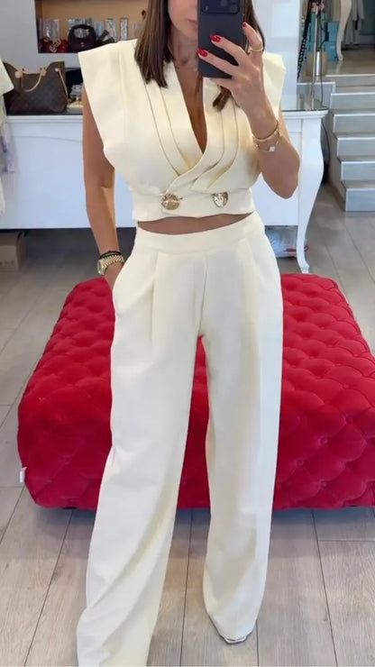 Women's V-Neck Crop Top Fashion Casual Suit