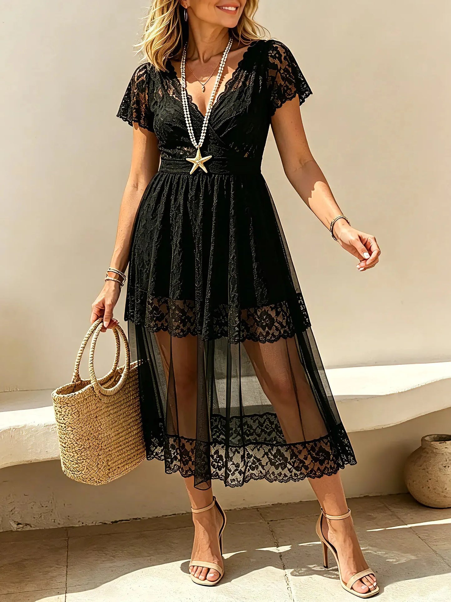 Women's Solid Lace Sheer V-Neck Midi Dress