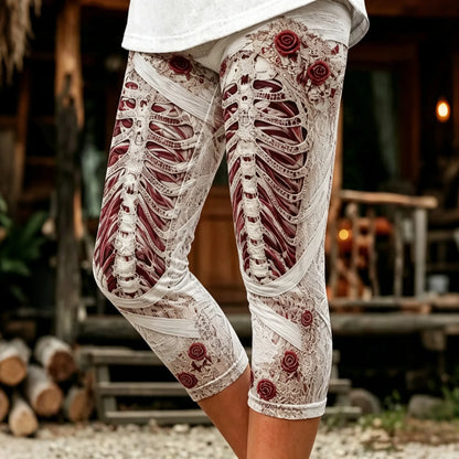 Women's Retro Halloween Rose Skull Print Skinny Capri Pants