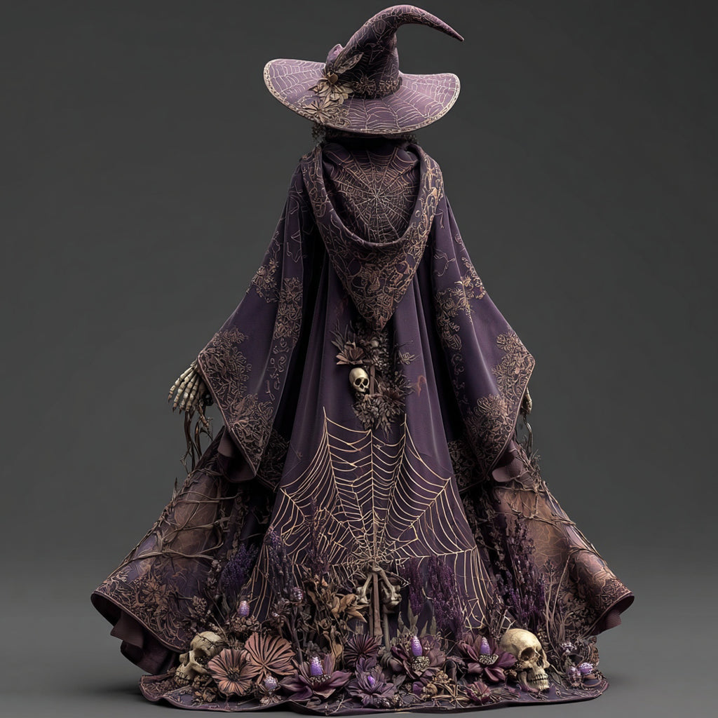 Women's Halloween Spiderweb Skull Floral Witch Hooded Cape