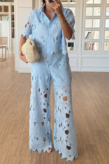 Floral Lace Shirt Wide Leg Pants Two-Piece Set