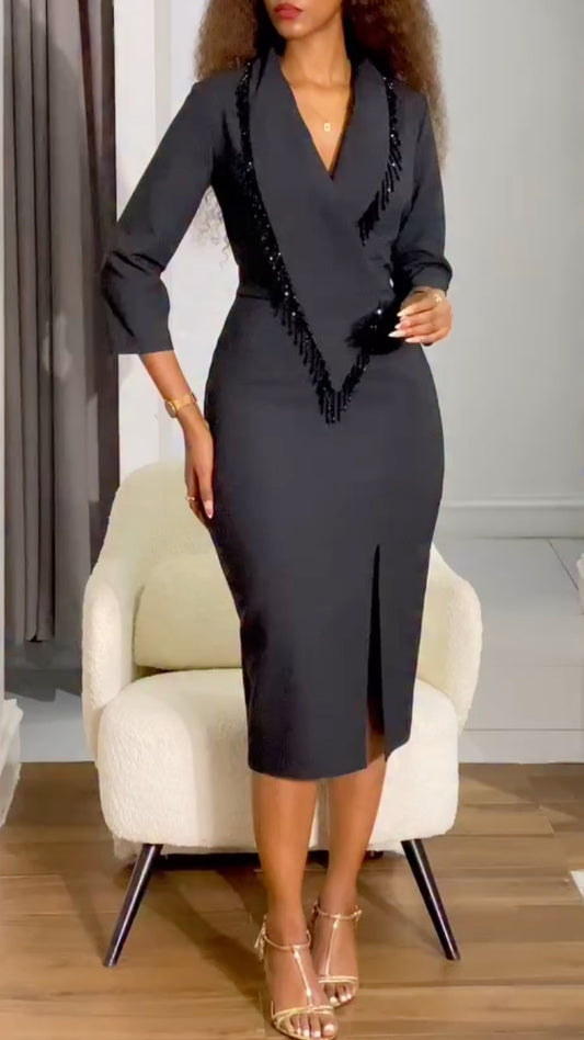 Black Fringe V Neck Midi Dress