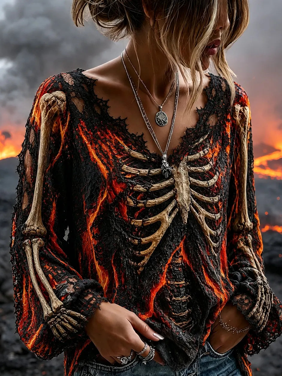Women's Retro Halloween Witch Flame And Human Skeleton Art Pattern Casual V-neck T-shirt