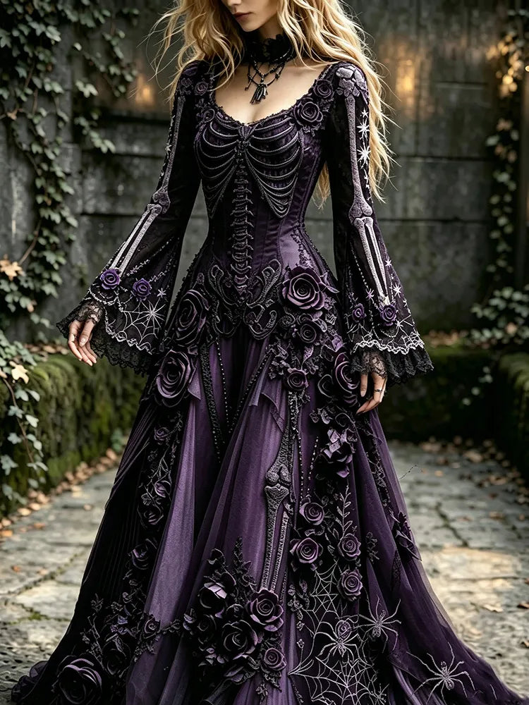 Women's Retro Gothic Flowers With Skull Pattern Mixi Halloween Dress