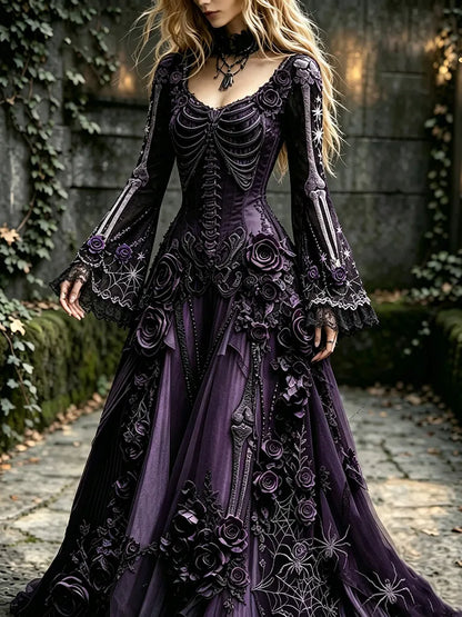 Women's Retro Gothic Flowers With Skull Pattern Mixi Halloween Dress