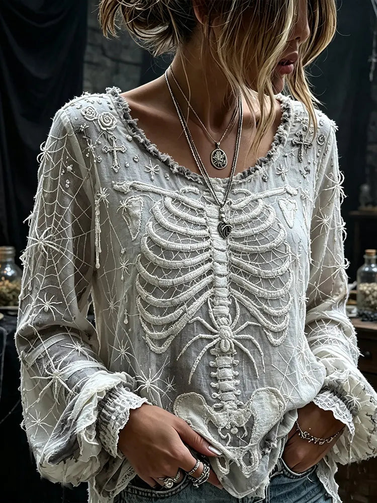 Women's Vintage Spider And Skull Art Distressed Crewneck Top