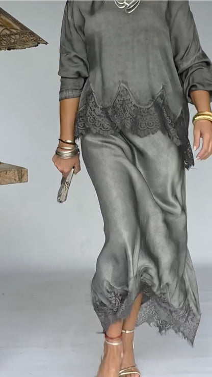 Grey Lace-Trimmed Dress Set