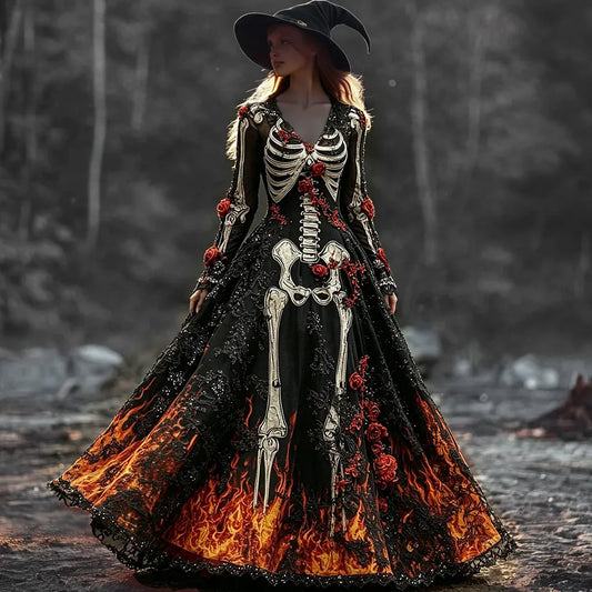 Halloween Witch Flame And Bone Art Casual Flowing Long Dress