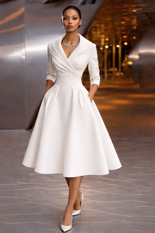 Satin Notch Lapel Wrap Waist Flared Midi Dress