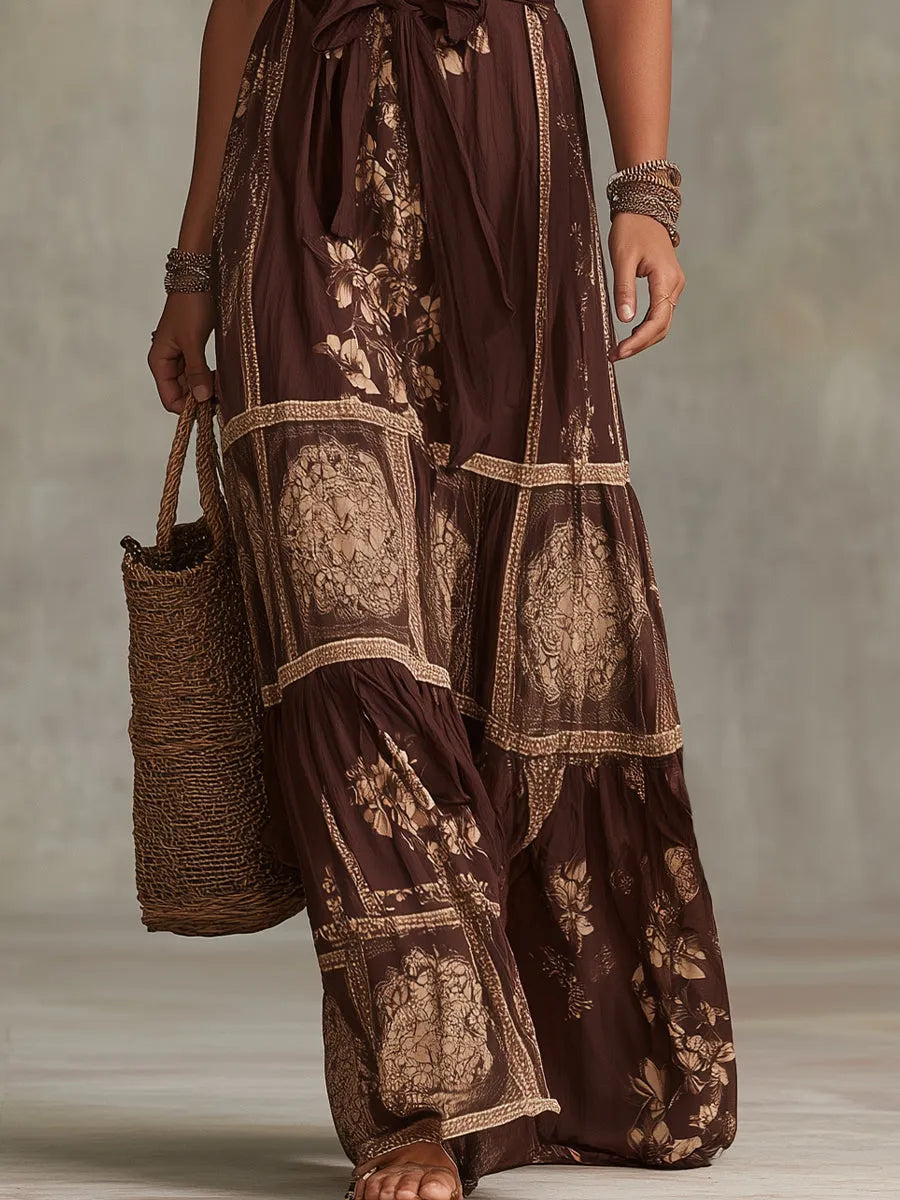 Chocolate Brown Floral Off-shoulder Ruffled Maxi Dress