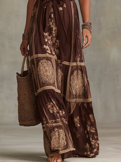 Chocolate Brown Floral Off-shoulder Ruffled Maxi Dress