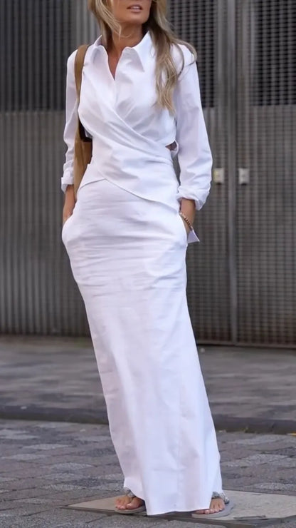 Wrap Collar Maxi Shirt Dress With Pockets