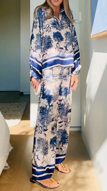 Blue Toile Print Satin Co-Ord Set