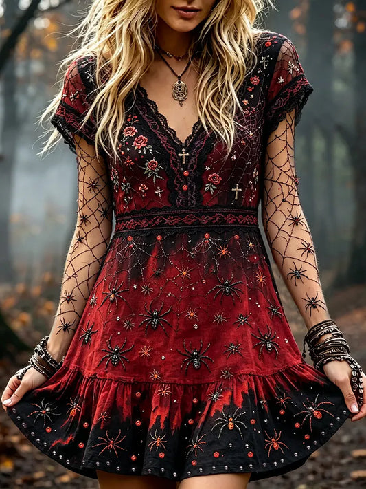 Women's Vintage Halloween Spider And Rose Rhinestone V-neck Short Sleeve Playful Dress