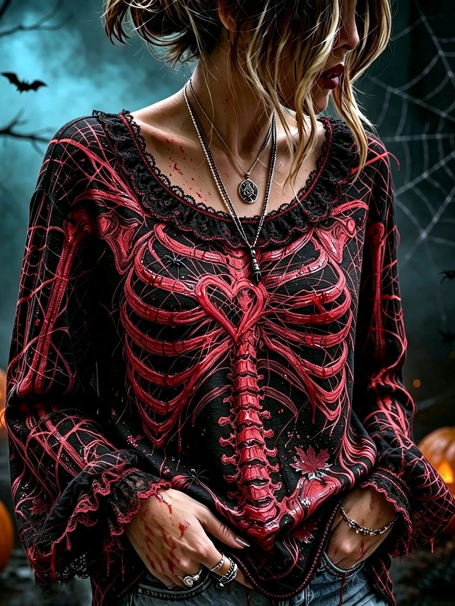 Women's Retro Halloween Style Skeleton Print Top