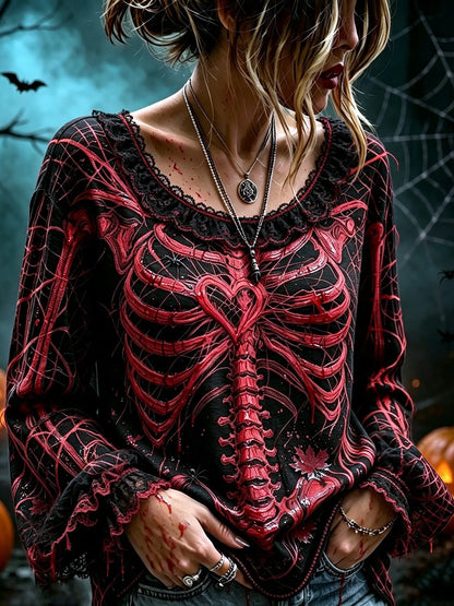 Women's Retro Halloween Style Skeleton Print Top