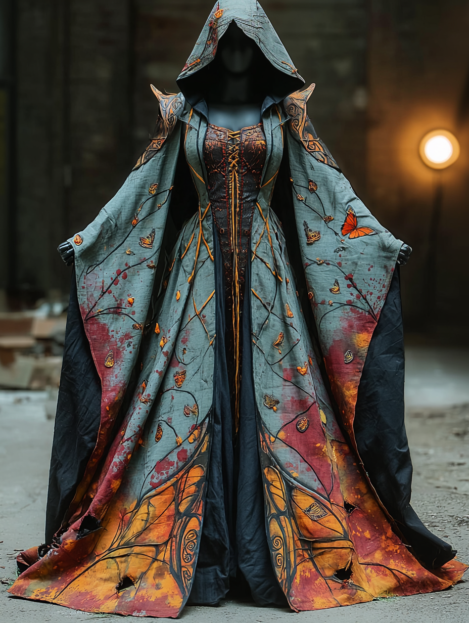 WOMEN'S HALLOWEEN PARTY CONTRAST COLOR LOOSE WIDE SLEEVE CAPE DRESS d97c