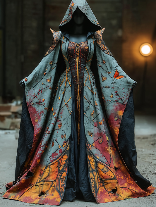 WOMEN'S HALLOWEEN PARTY CONTRAST COLOR LOOSE WIDE SLEEVE CAPE DRESS d97c