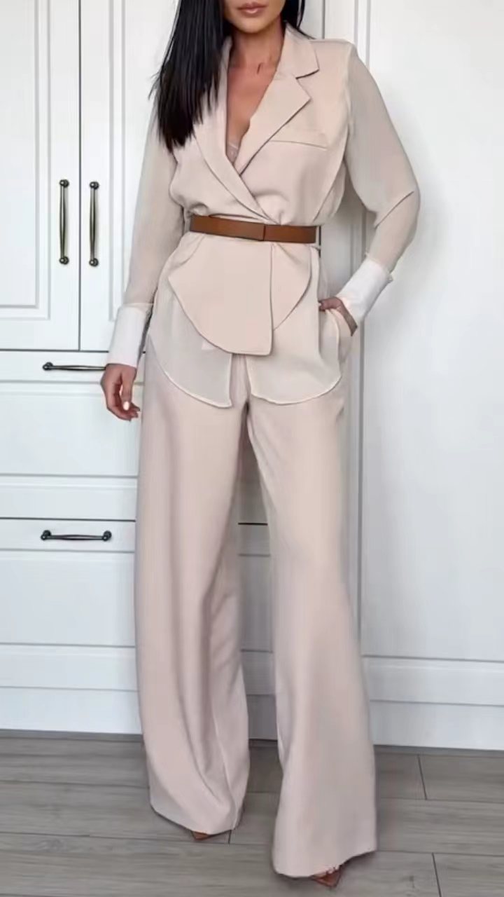 Beige Wrap Blazer Top & Wide Leg Pants Co-Ord Set