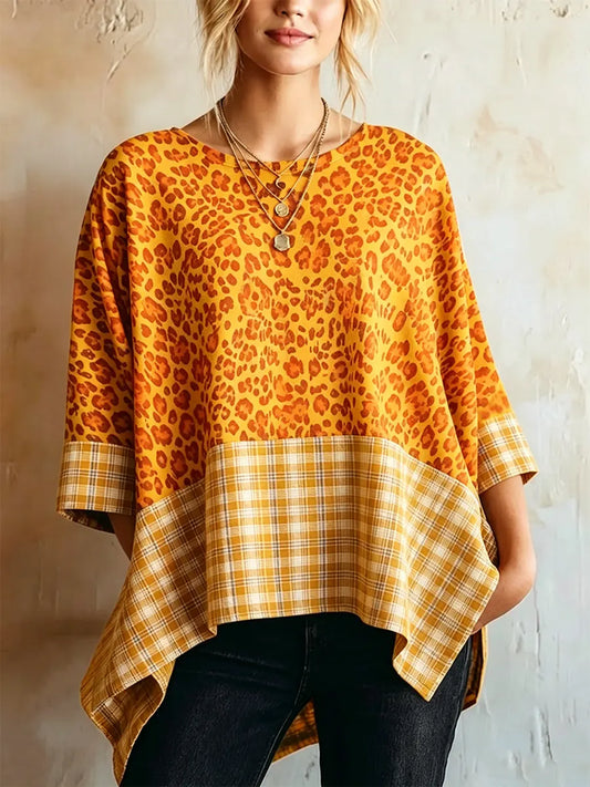 Vintage Country Orange Yellow Leopard Contrast Plaid Splice Round Neck Roll Cuff 3/4 Sleeve Asymmetrical Cover-up Tunic