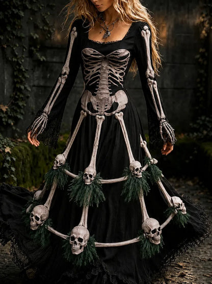 Women's Retro Halloween Human Anatomy And Skull Theme Casual Long-sleeved Dress