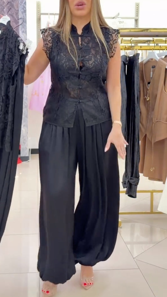Black Lace Mandarin Collar Top & Balloon Pants Co-Ord Set