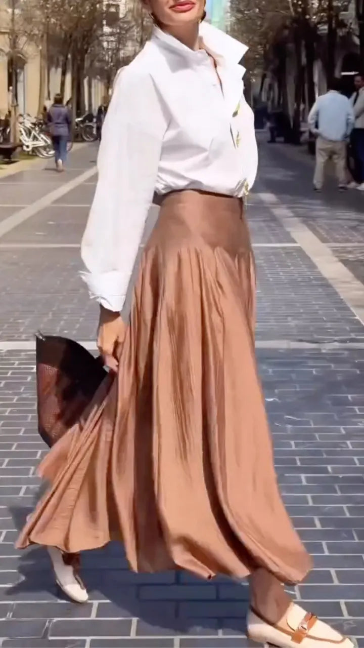 Button-Down Shirt & Brown Pleated Midi Skirt Set