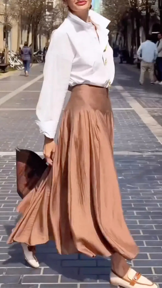 Button-Down Shirt & Brown Pleated Midi Skirt Set