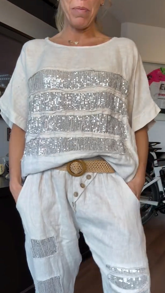 Women's Sequin-Striped Linen Top + Sequin-Patch Casual Pants Set
