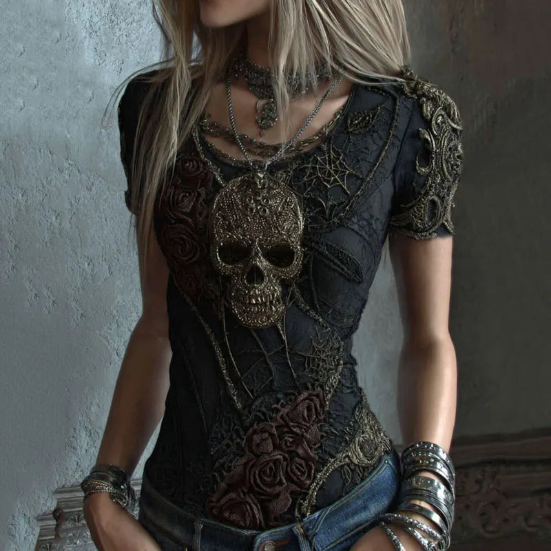 Women's Vintage Skull And Rose Art V-neck Short Sleeve Top