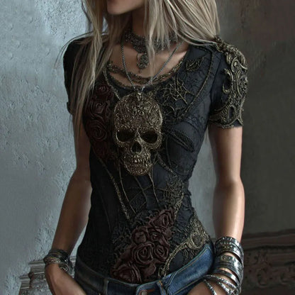 Women's Vintage Skull And Rose Art V-neck Short Sleeve Top