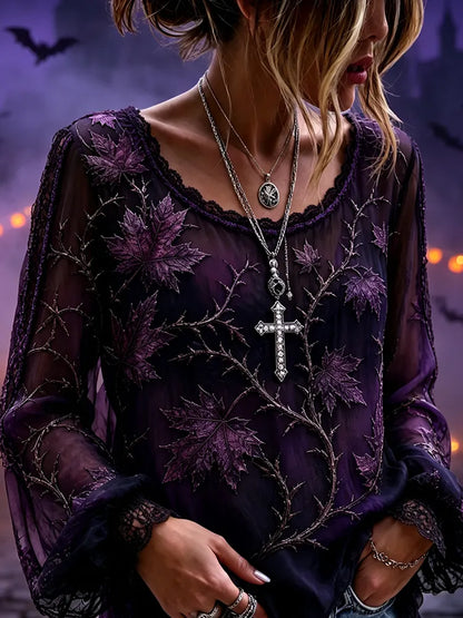 Women's  Sheer Mesh Long Sleeve Blouse With Maple Leaf And Vine Embroidery