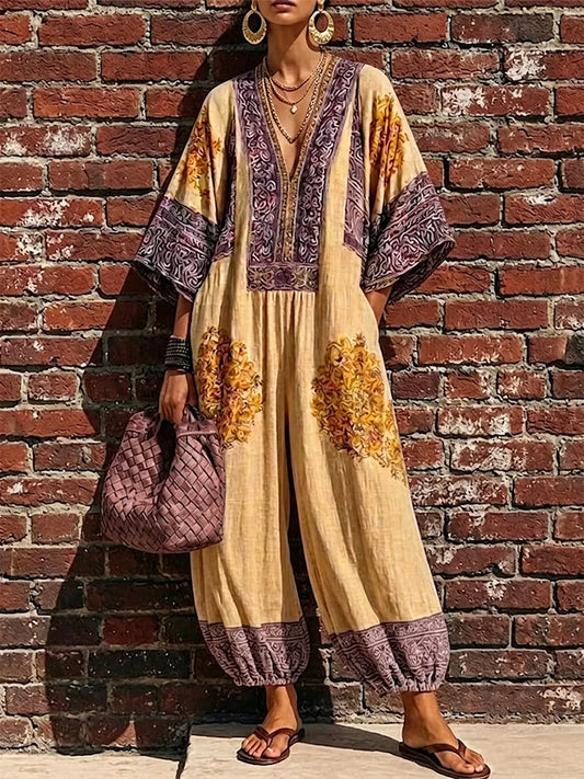 Bohemian Resort Purple Yellow Vintage Totem Print Loose Lantern Leg Jumpsuit