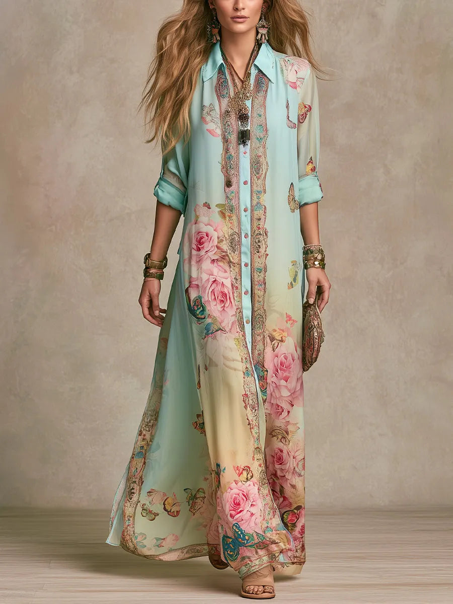 Baroque Mint Green Chiffon Floral Shirt Maxi Dress