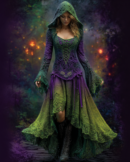 Halloween themed gradient irregular crochet knitted hooded dress 9de2