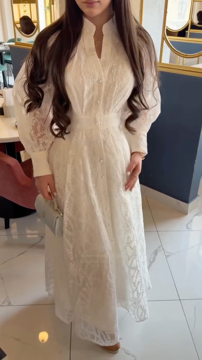 White Lace Button-Front Maxi Dress