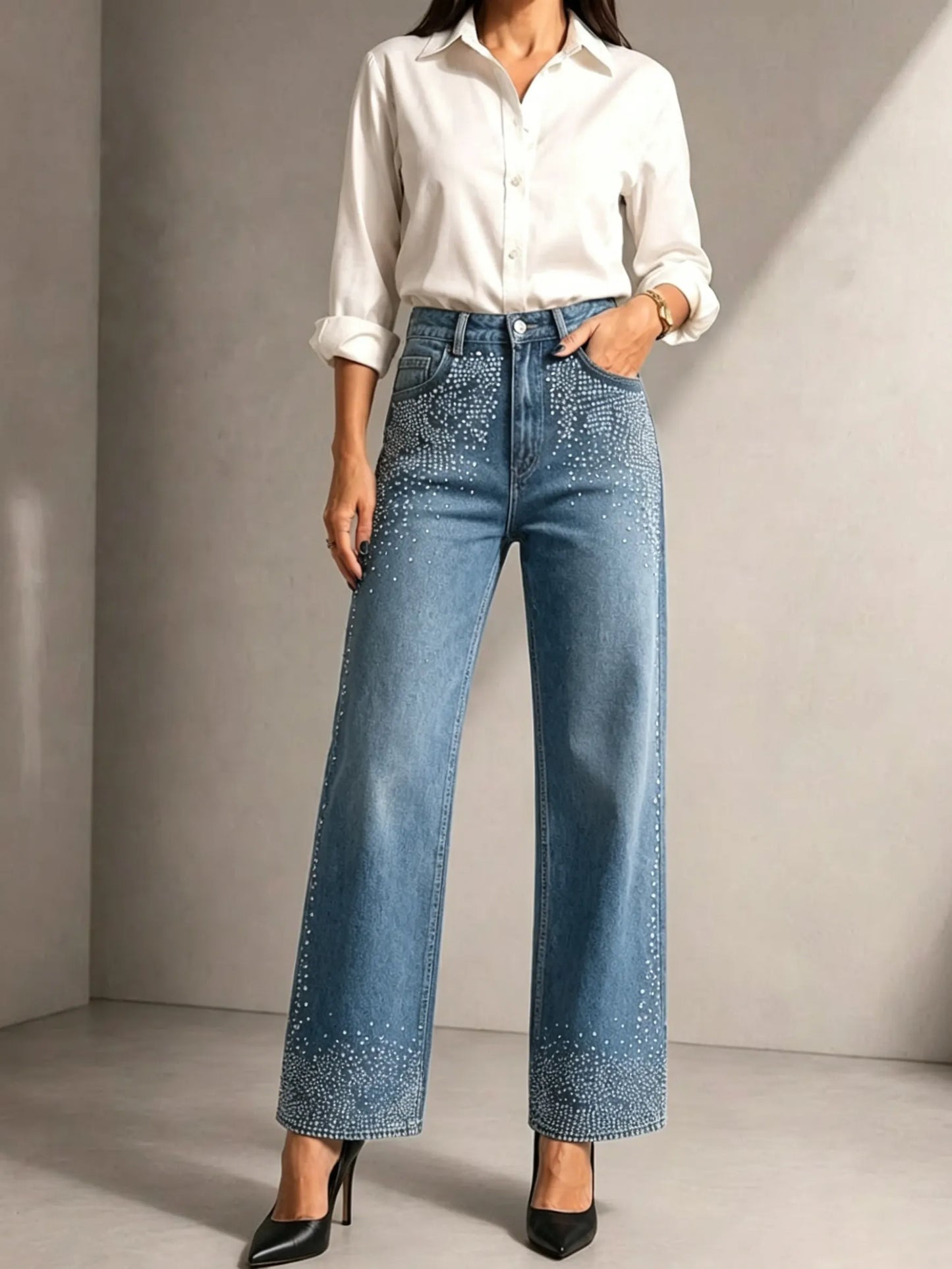 Loose-fit Straight-leg Stretch Denim Trousers With Rhinestone Embellishment