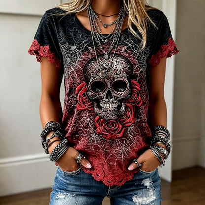 Women's Vintage Skull And Rose Art Crew Neck Short Sleeve Top