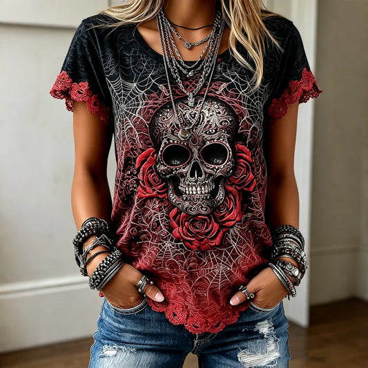 Women's Vintage Skull And Rose Art Crew Neck Short Sleeve Top