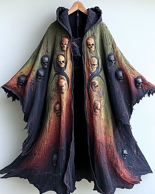 Halloween Themed  Irregular Gradient Skull Embroidered Hooded Cape  058b