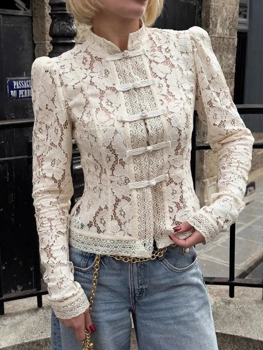 Women's Retro Floral Lace Hollow Art Casual Stylish Long Sleeve Shirt