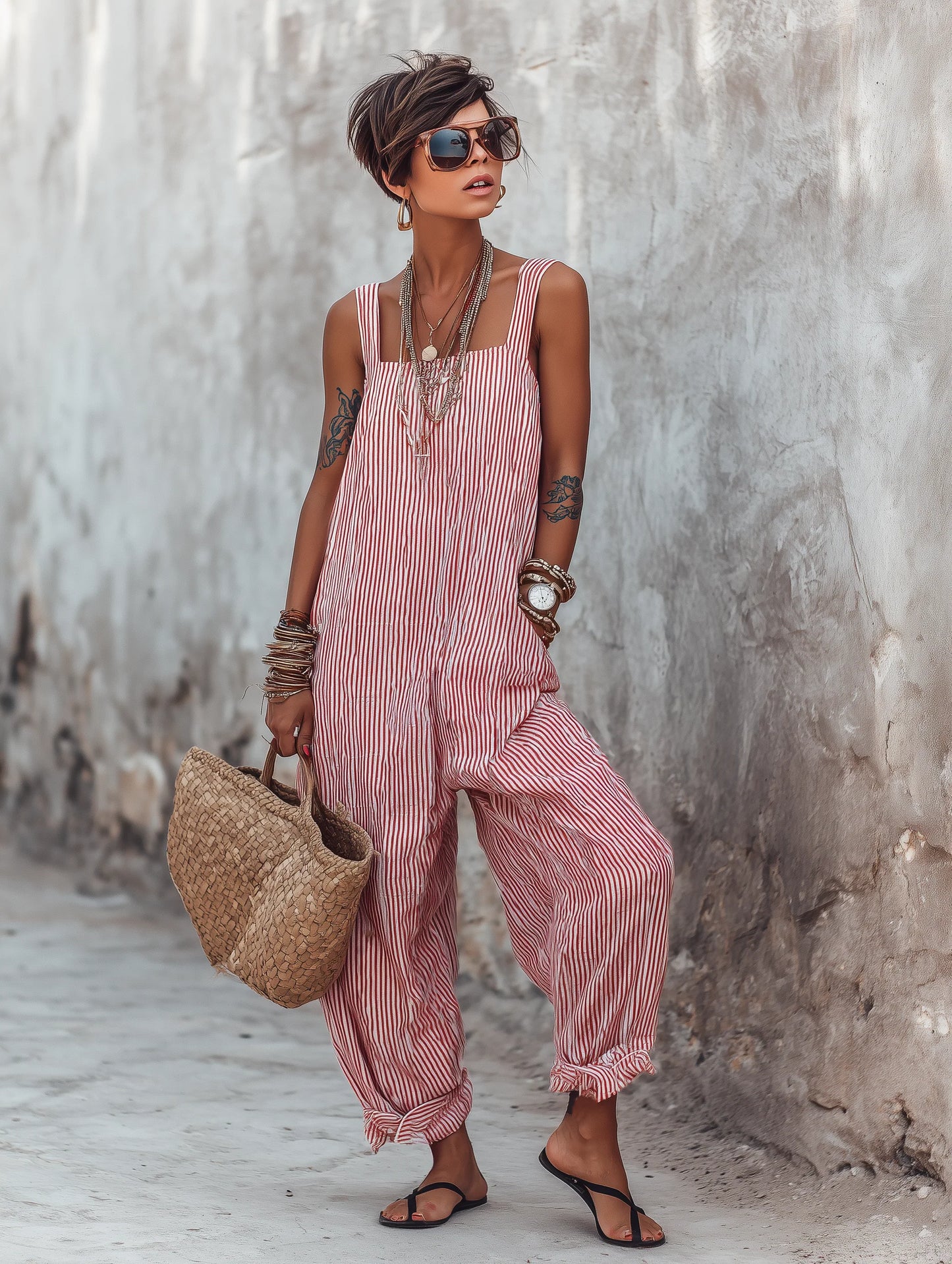 Striped Cotton Square-Neck Wide Leg Jumpsuit
