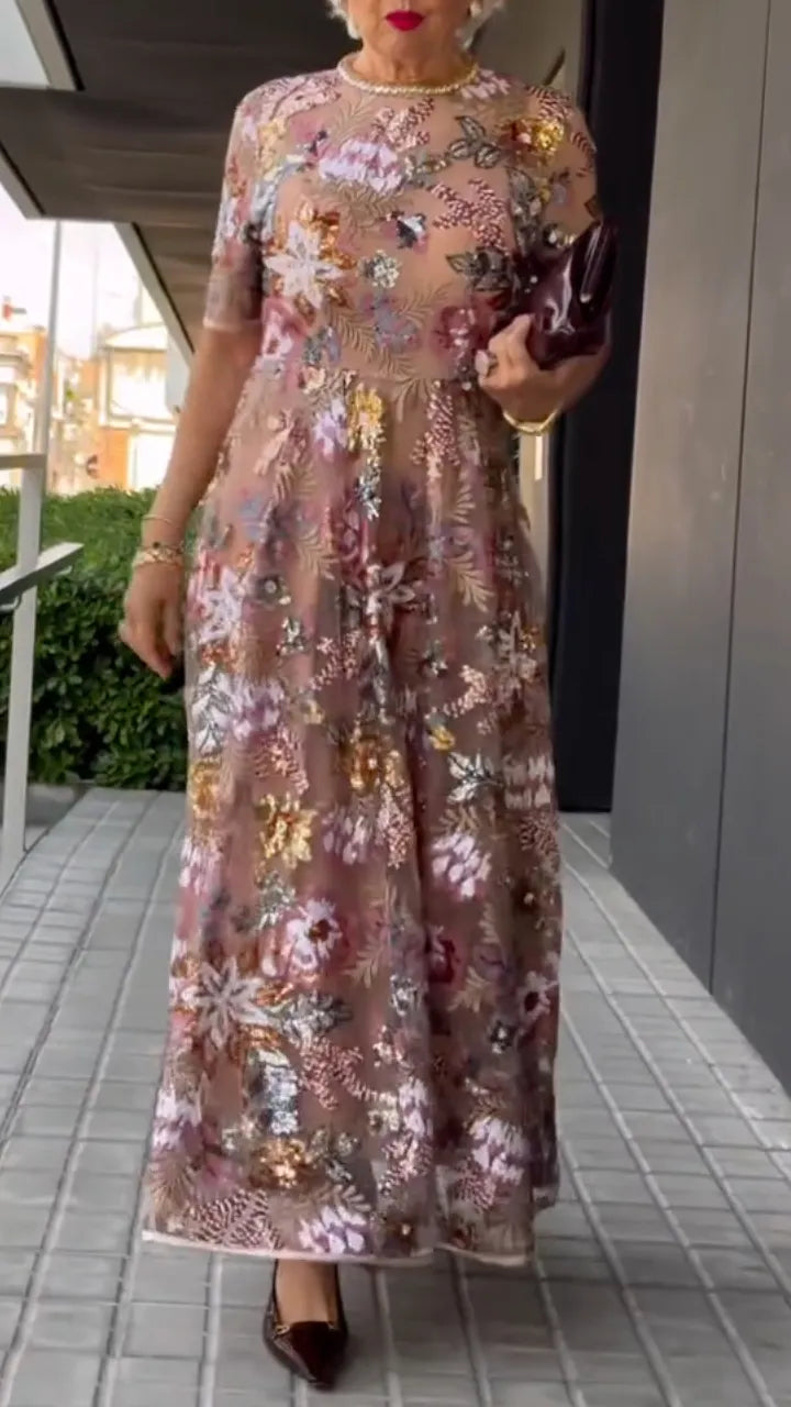 Floral Embroidered Tulle Midi Dress