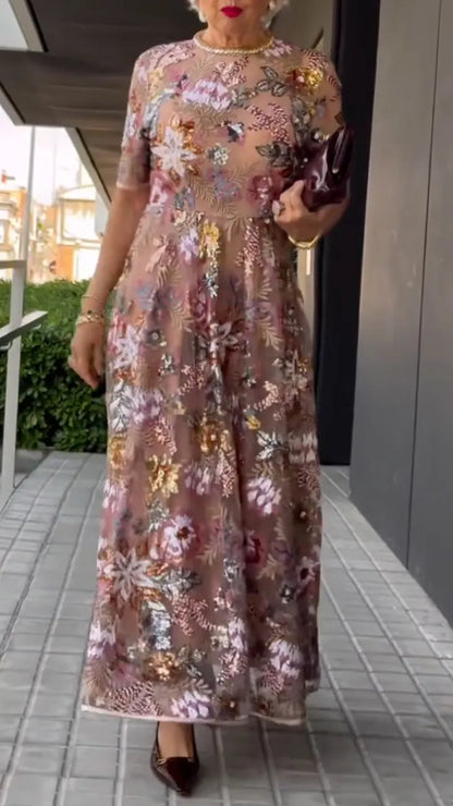 Floral Embroidered Tulle Midi Dress