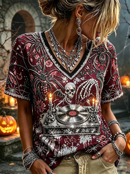 Women's Halloween Gothic Spider Skull Vinyl Record Rhinestone Shirt