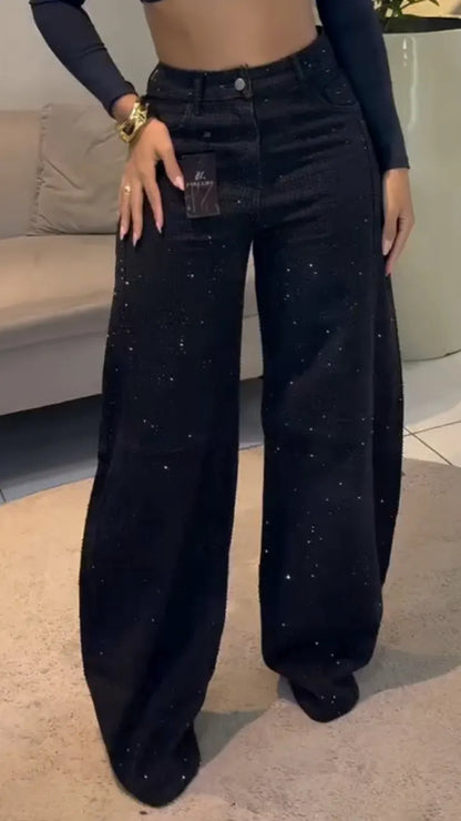 Rhinestone-Embellished High-Waisted Wide-Leg Denim Jeans