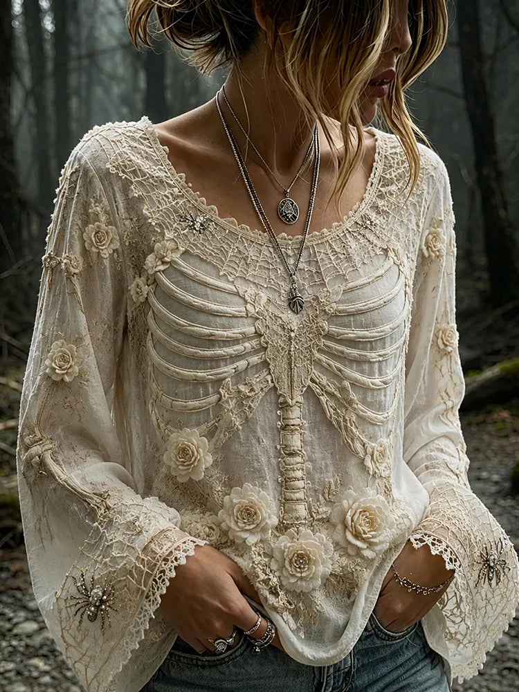 Women's Vintage Halloween Human Skeletal And Rose Art Crew Neck Long Sleeve T-shirt